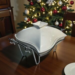 Godinger VTG Porcelain 1 Quart White Rabbit‎ Baker Chafing Dish w/Warming Tray